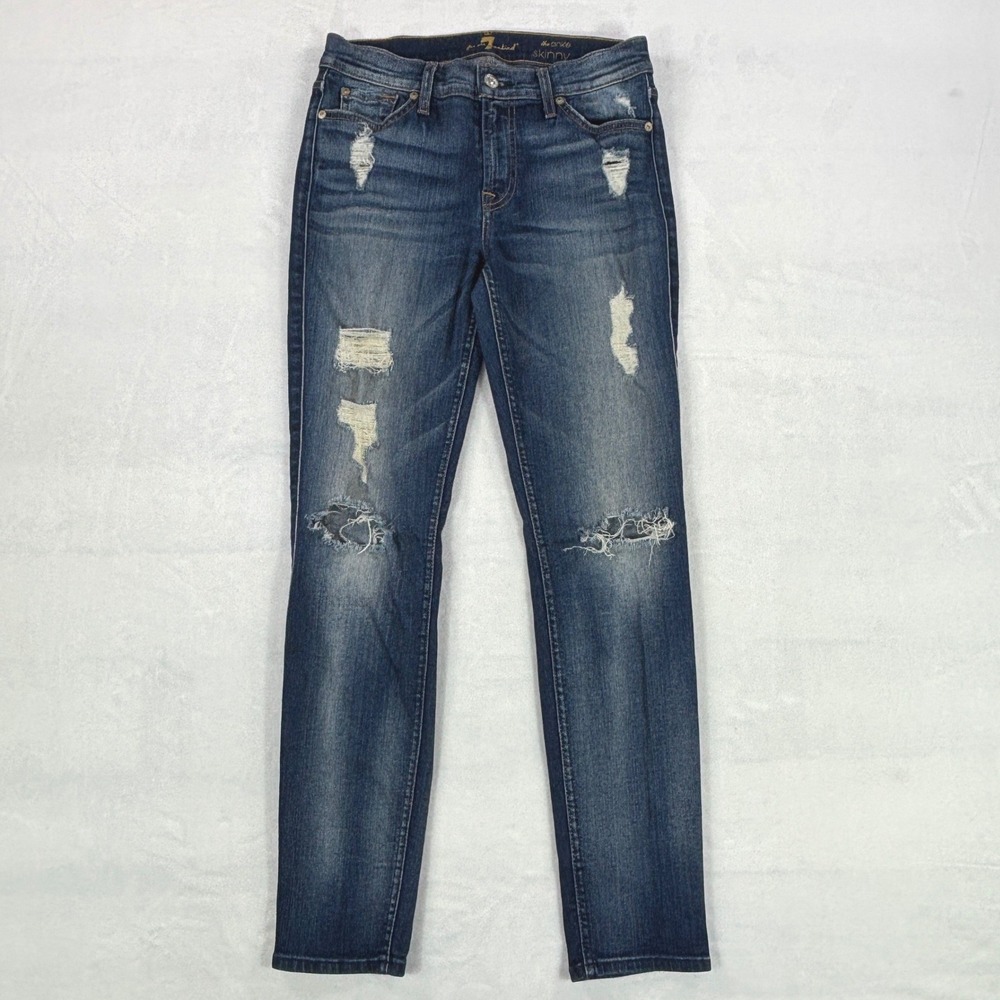 7 For All Mankind The Ankle Skinny Distressed Jeans Medium Wash Blue Denim 27